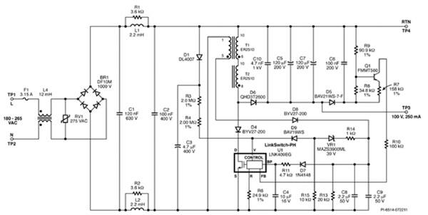 Schematic for a 25 W buck-boost LED driver